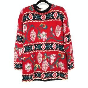 Vintage Handknit for Express Crew Neck Sweater Womens Size Small Floral Print